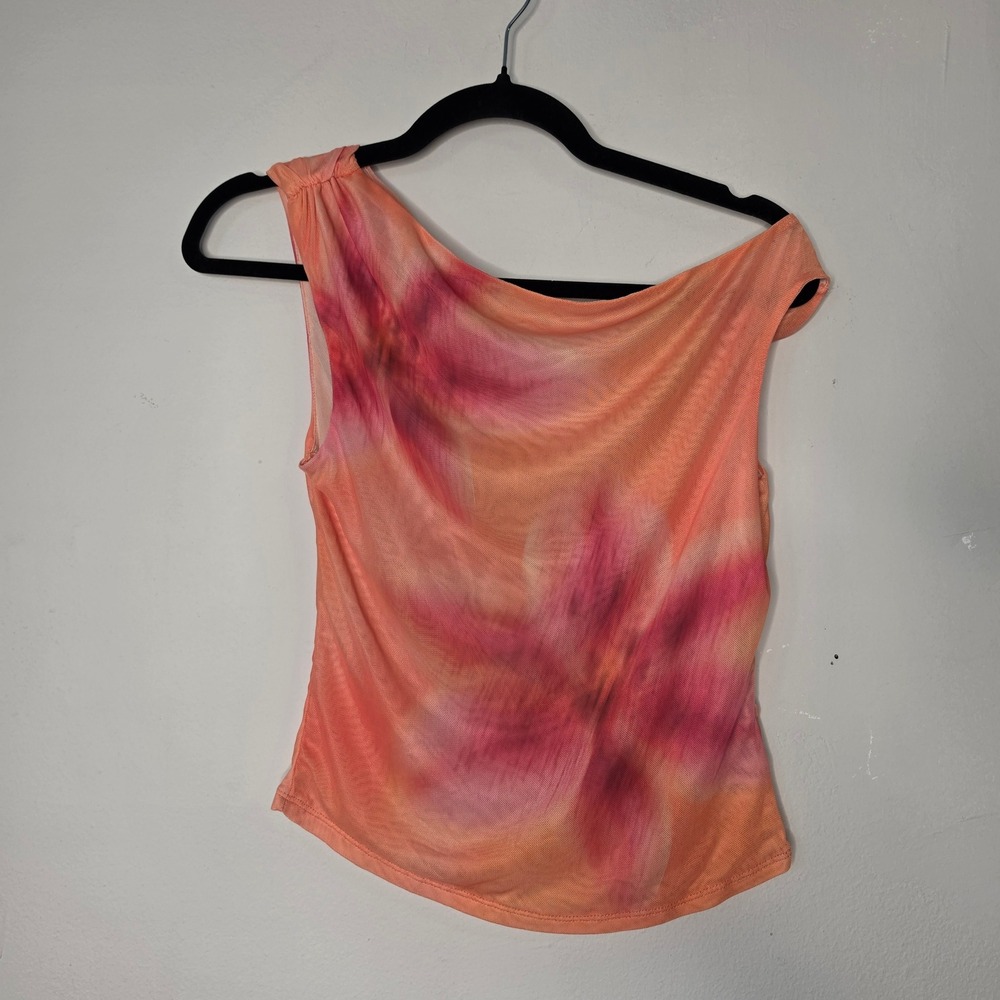 Madden Girl Top Women M Pink Orange Floral One Shoulder Mesh Blouse Vacay Travel